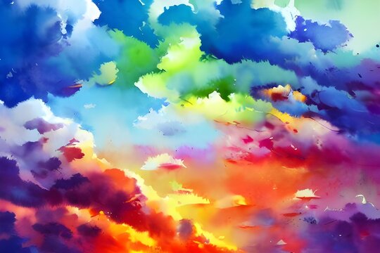 The clouds in the sky are like colorful cotton candy, and the sun is shining behind them. The watercolor paints are bright and full of beautiful detail.