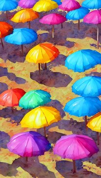 A beautiful watercolor painting of colorful beach umbrellas. The colors are so bright and vibrant, they almost jump off the page. The artist has expertly captured the light and shadows of a sunny day 