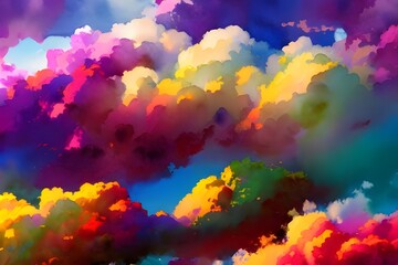 I am looking at a beautiful watercolor painting of clouds in all different colors. The sky is very bright and the clouds are fluffy and look like they're floating.