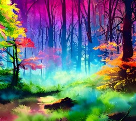 Vibrant greens, pinks, and purples dance across the page, mingling together in an ethereal forest landscape. A delicate river weaves its way through the scene, adding a serene touch to the painting.