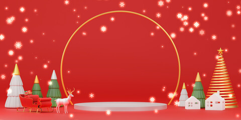 赤い背景に置かれたクリスマスシンボル / コピースペースのあるクリスマスセール・キャンペーン用背景 / 3Dレンダリング