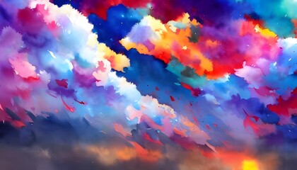 The colorful clouds watercolor is a beautiful painting. The sky is full of different colors, and the clouds are fluffy and white.