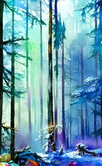 I am looking at a beautiful watercolor painting of a colorful winter forest scene. The trees are mostly evergreens, and they are covered in a light layer of snow. There is a stream running through the