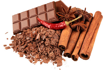 Cinnamon sticks and stars anise with chocolat isolated on white background