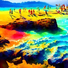 This is a beautiful watercolor painting of a beach scene. The colors are very vibrant and realistic. You can see the waves crashing against the shore, and the sand is shining in the sun. There are peo