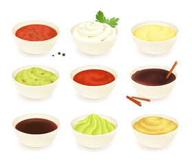 Set of different dipping sauces: salsa, mayonnaise, cheese, guacamole, ketchup, chocolate, soy, wasabi and mustard. Isolated on white background