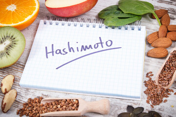 Nutritious ingredients and inscription hashimoto. Healthy food containing vitamins. Problems with thyroid concept