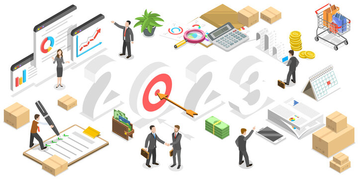 3D Isometric Flat  Conceptual Illustration of Procurement Planning In New Year 2023