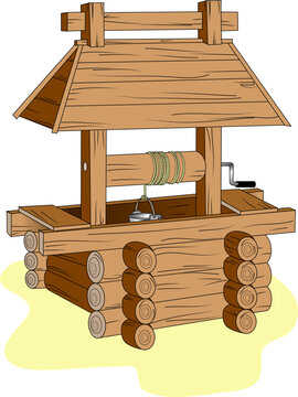 Vector image of a wooden well with a rope and a bucket