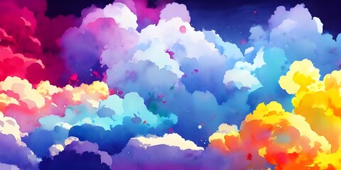 I am gazing upon a beautiful sky, adorned with colorful clouds in every shade imaginable. It looks as though somebody has taken a brush and dipped it into watercolors, then dragged it across the canva - obrazy, fototapety, plakaty