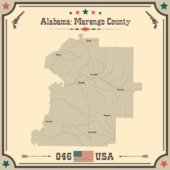 Large and accurate map of Marengo county, Alabama, USA with vintage colors.