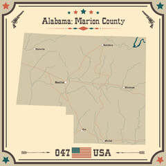 Large and accurate map of Marion county, Alabama, USA with vintage colors.