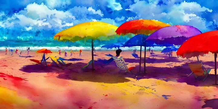 The sun is shining and the waves are crashing against the shore. The colorful beach umbrellas add a bright and cheery touch to the scene.