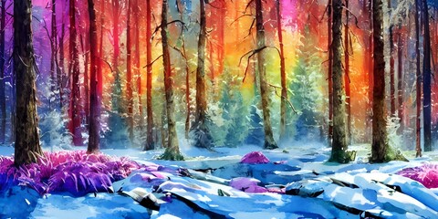 Fototapeta na wymiar In this forest watercolor, the trees are all different shades of orange, yellow and red. The ground is covered in a layer of soft white snow. A small stream flows through the center of the painting, a