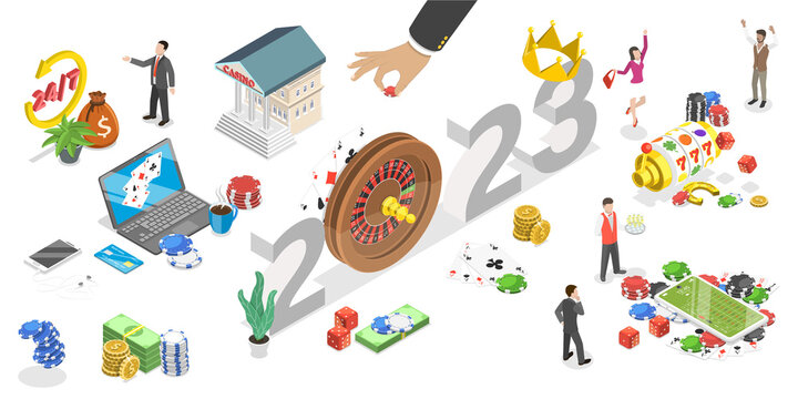 3D Isometric Flat  Conceptual Illustration of New Year 2023 And Online Casino Industry Trends