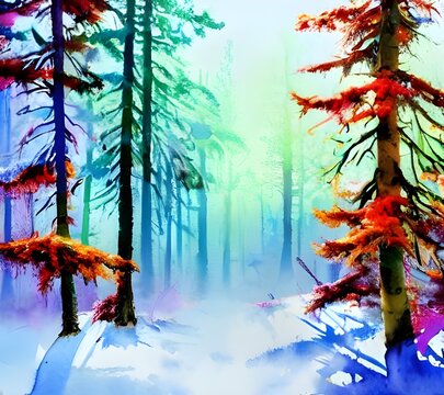 The colors in the watercolor are so vibrant and beautiful. The different shades of blue and green make the painting look like a winter forest.