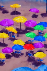 Fototapeta na wymiar The sun is shining and the waves are crashing on the shore. The colorful umbrellas provide a contrast to the blue sky and water.