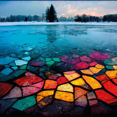 Frozen lake with colorful stained glass. Winter landscape, photomanipulation, AI generated.