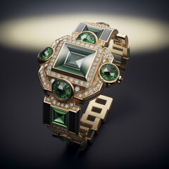 Bracelet with diamonds and squared emeralds, gold, isolated on dark background. Jewellery photography, close-up.