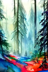 In the picture, there is a colorful winter forest watercolor. The trees are different shades of green and blue, and the snow is light pink. There is a small river in the center of the painting, with t