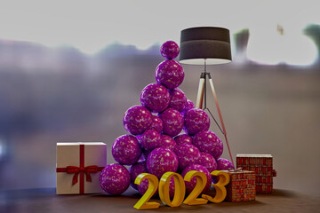 Albero Natale eseguito con palline colorate e testo 2023