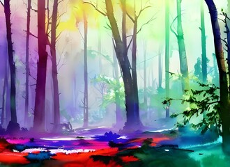 This watercolor is so beautiful. Every color in the rainbow seems to be represented in these trees. The forest looks like it's glowing, and the peaceful stream running through it makes me feel relaxed