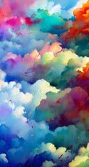 The sky is a beautiful watercolor of orange, yellow, and pink. The clouds are fluffy and white.