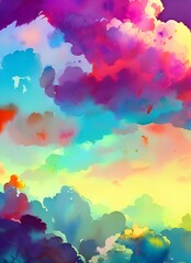 This vibrant picture is of multi-colored clouds in a watercolor painting style. The hues are primarily pinks, purples, and blues, with some white areas mixed in. They appear to be floating serenely in