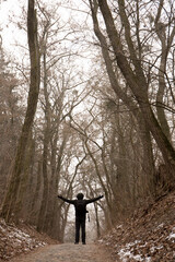 man with outstretched arms in the alley in the park in winter