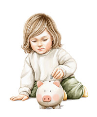 Watercolor imaginary character cute little boy in clothes sitting on the floor and puts coin in piggy bank isolated on white background. Hand drawn illustration sketch