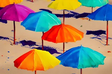 The blue sky is dotted with white, puffy clouds. The sun shines down on the scene, making everything appear brighter and more vibrant. The umbrellas are a variety of colors: red, yellow, orange, green