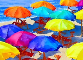 The sun is shining and the waves are crashing against the shore. The sand is warm and there's a light breeze blowing. The umbrellas are brightly colored and they look like they're painting the sky.