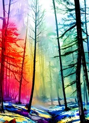 In this painting, a colorful winter forest is depicted in watercolor. The trees are various shades of green and blue, with white snow on the ground. The sky is a light blue color, and the sun can be s