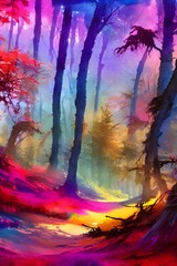 Fototapeta na wymiar The colorful forest watercolor is a beautiful and peaceful painting. The colors are very vibrant, and the scene is serene. The trees and flowers in the painting are lovely, and the overall effect is c