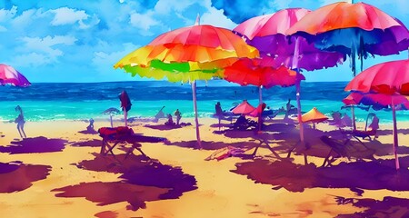 The sun is shining and the waves are crashing on the shore. The brightly colored beach umbrellas add a splash of fun to the scene.