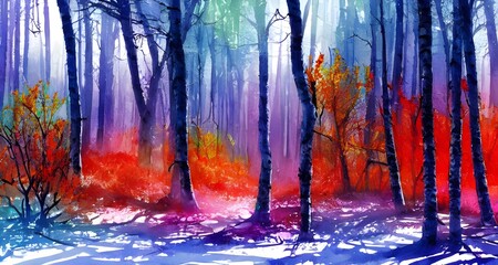 I am looking at a beautiful watercolor of a winter forest. The trees are different shades of green, blue, and brown. The snow is a light pink color. There is a purple sky in the background.
