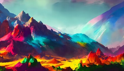 I am looking at a painting of mountains in different shades of blue, green, and purple. The colors are brightly blended together and make the scene look very dreamy. In the distance I can see a little