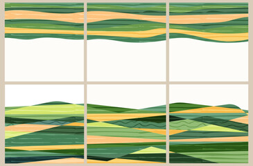 Abstract farm field collage background. Agro land backdrop, farmland landscape vector illustration with texture. Oriental decorative template, eco design, green rural layout, ecology art post
