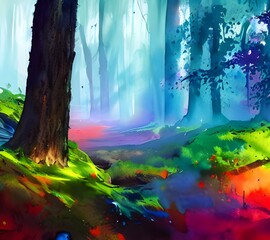 A colorful forest watercolor paints a scene of tall trees with their leaves in different shades of green. The light shines through the branches and casts shadows on the ground below. A small stream fl