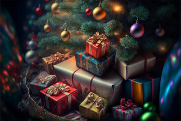 Dozens of glamorous Christmas presents wrapped with shiny multicolor wrapping paper positioned under the Christmas tree, Christmas decorations