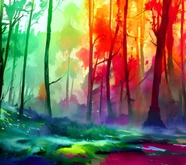 The vibrant colors of the leaves in the forest are eye-catching. The watercolor painting is beautifully done, and it makes you feel as if you're standing in the forest itself.