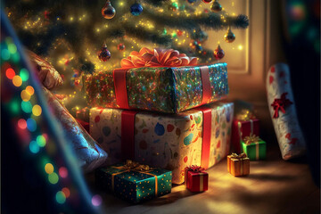Fototapeta na wymiar Dozens of glamorous Christmas presents wrapped with shiny multicolor wrapping paper positioned under the Christmas tree, Christmas decorations