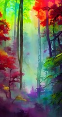 Obraz na płótnie Canvas This colorful forest watercolor is full of beautiful trees and bright flowers. The branches reach up to the sky, while the sun shines down through the leaves. The ground is covered in a blanket of gre