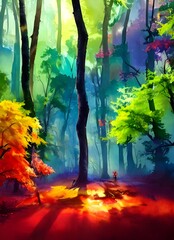 I see a beautiful and colorful forest watercolor. The painting is full of various colors, including different shades of greens, blues, and purples. I love how the artist captured the trees in this pai