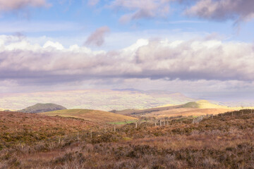 Dramatic sky over rolling hills of a countryside. Fermanagh, Northern Ireland. 