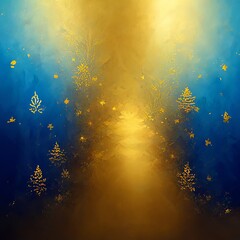 golden christmas trees on blue background christmas card with ornaments, decorations. Golden and teal painted shiny and bright season greetings background