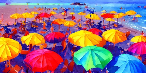 The sun slowly rises over the horizon, its rays shining down on the umbrellas and turning them into a colorful watercolor painting. The sand is cool and soft, and the sound of waves crashing against t