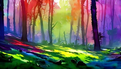 I see a beautiful watercolor painting of a colorful forest. The trees are different shades of green, with some yellow and orange leaves mixed in. There is a small stream running through the center of 