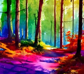 I see a beautiful watercolor of a colorful forest. The trees are different shades of green, and there is a stream running through the middle. The sun is shining down through the leaves, making the who