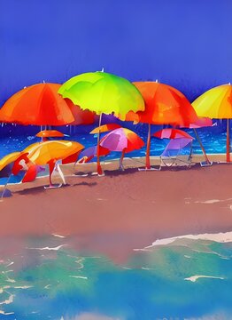 The colorful beach umbrellas watercolor is of a beautiful and serene setting. The sun shining down on the clear blue water makes it look like diamonds are sparkling on the waves. The sand is soft and 